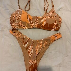 Brown and Orange Patterned Bikini Set
